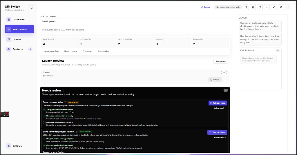 ClikSwitch development context capture screenshot