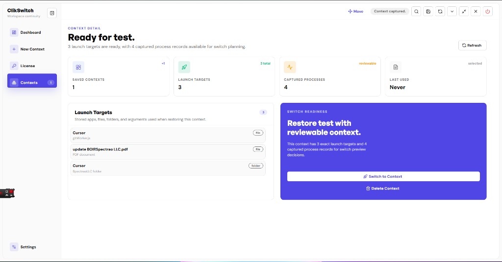 ClikSwitch switch readiness screen