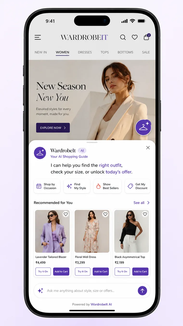 WardrobeIt AI shopping assistant displayed over a fashion store on mobile