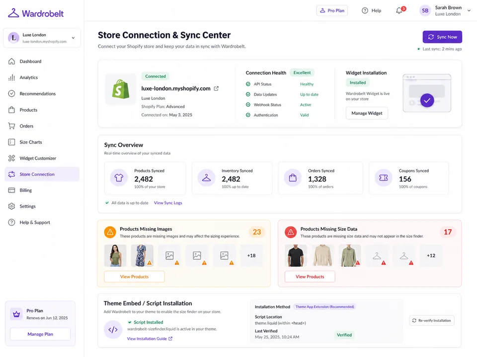 WardrobeIt store connection dashboard for syncing an ecommerce catalog