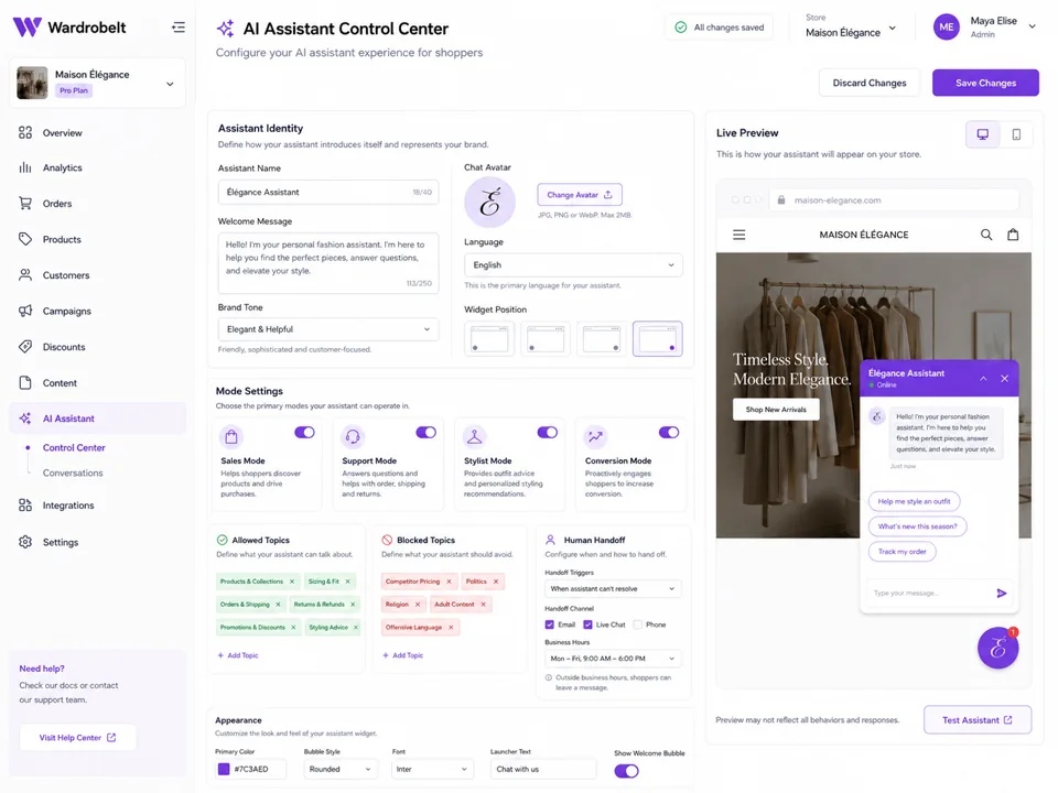 WardrobeIt merchant dashboard showing shopper intent and catalog guidance