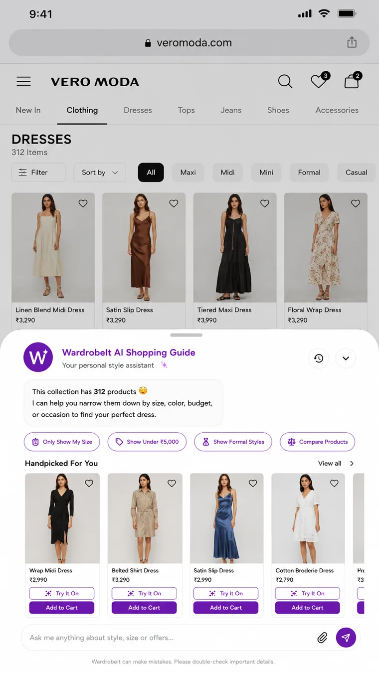 WardrobeIt AI shopping guide helping a shopper filter dresses by occasion and style