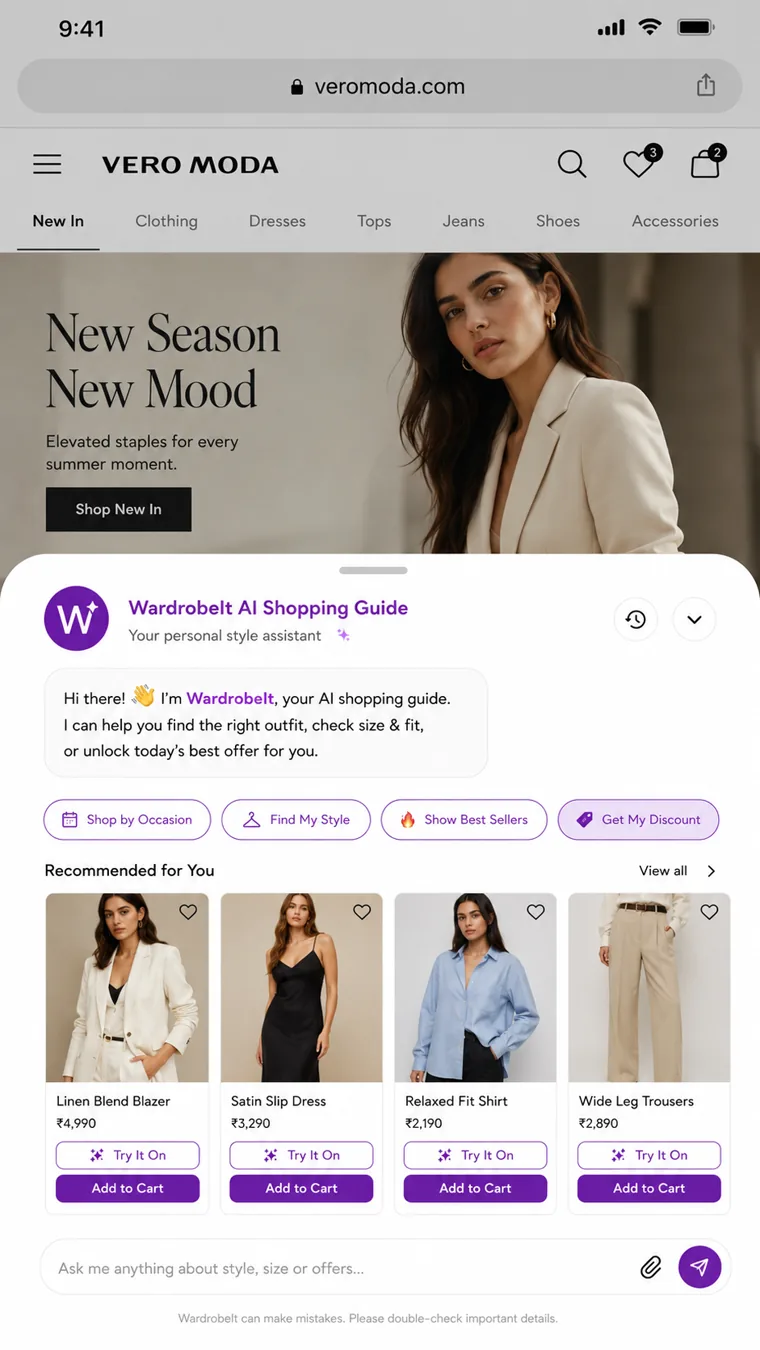 WardrobeIt assistant with product recommendations and try-on actions on a fashion storefront