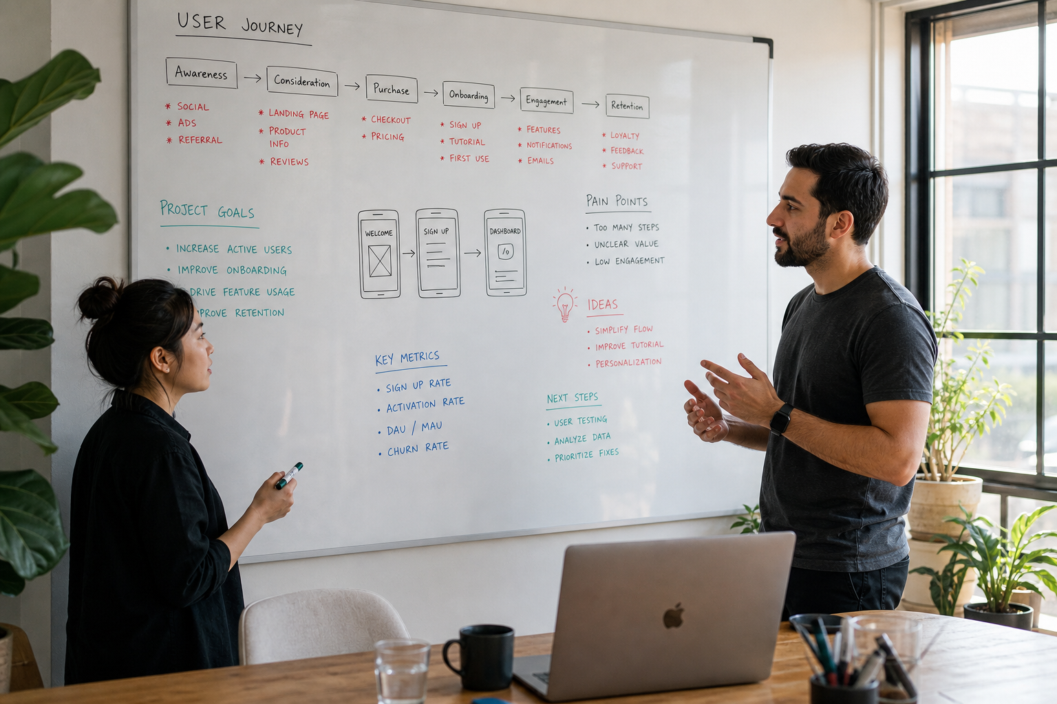 Product team planning session with whiteboard notes
