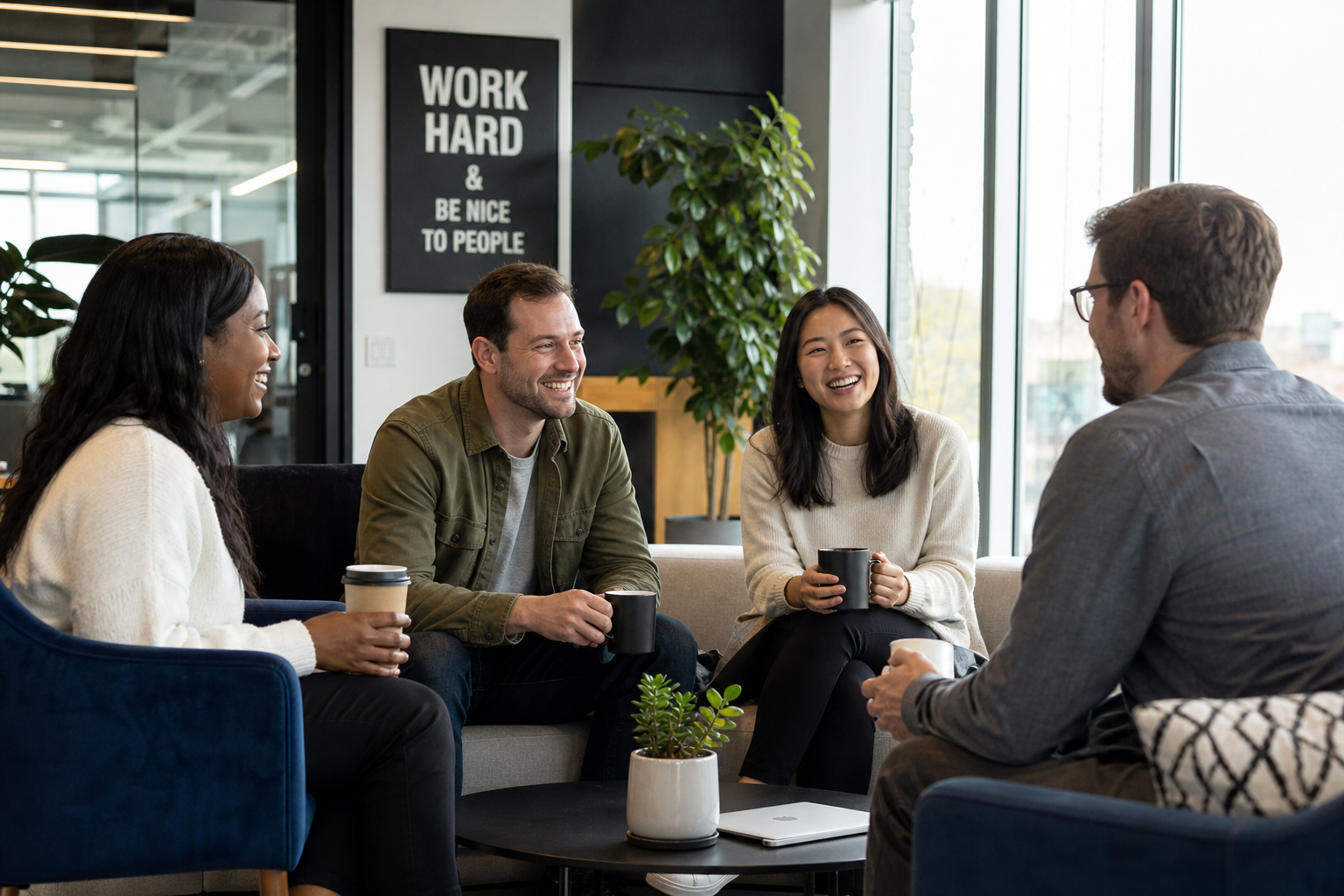 Relaxed team conversation in a modern workspace