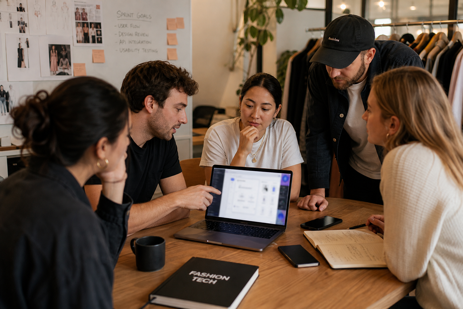 Cross-functional team reviewing product direction
